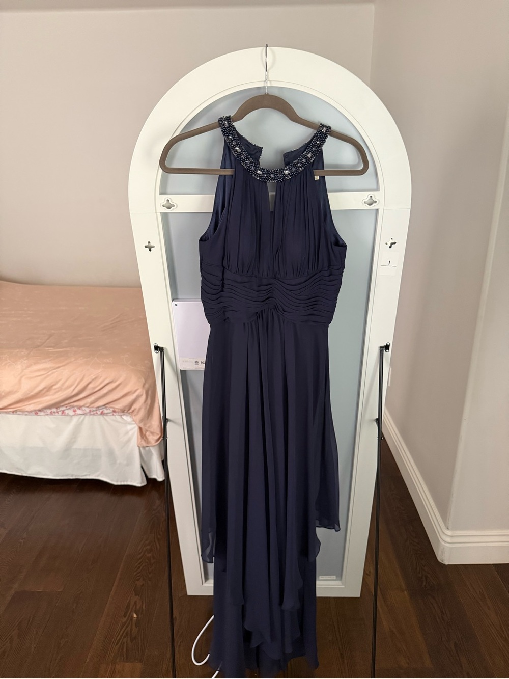 Eliza J Navy Beaded High-Low Chiffon Formal Dress | Size 6 | Excellent